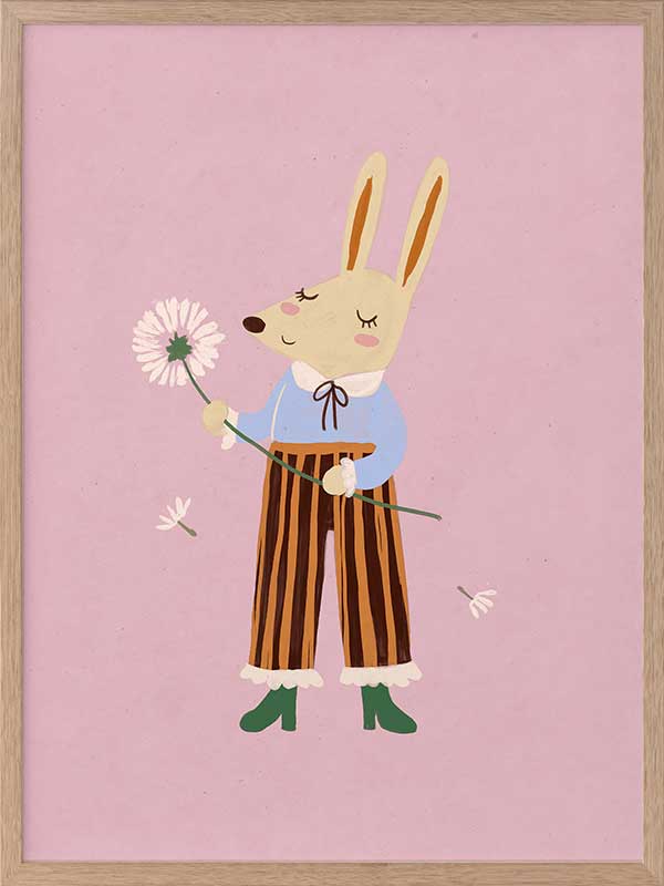 A dapper kangaroo holding a dandelion on a soft pink background with drifting seeds, from the Little Tails collection by Urban Road.
