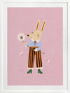 A dapper kangaroo holding a dandelion on a soft pink background with drifting seeds, from the Little Tails collection by Urban Road.