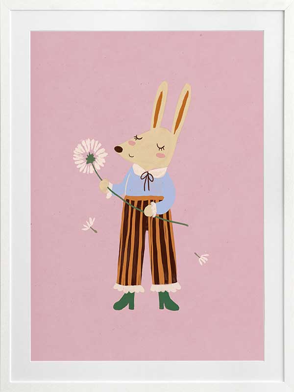 A dapper kangaroo holding a dandelion on a soft pink background with drifting seeds, from the Little Tails collection by Urban Road.