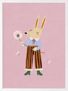 A dapper kangaroo holding a dandelion on a soft pink background with drifting seeds, from the Little Tails collection by Urban Road.