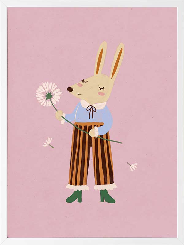 A dapper kangaroo holding a dandelion on a soft pink background with drifting seeds, from the Little Tails collection by Urban Road.