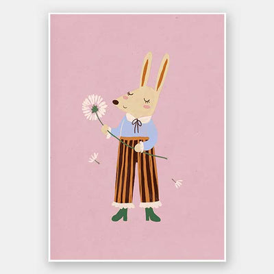 A dapper kangaroo holding a dandelion on a soft pink background with drifting seeds, from the Little Tails collection by Urban Road.