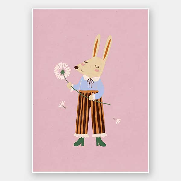 A dapper kangaroo holding a dandelion on a soft pink background with drifting seeds, from the Little Tails collection by Urban Road.