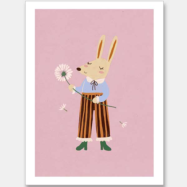 A dapper kangaroo holding a dandelion on a soft pink background with drifting seeds, from the Little Tails collection by Urban Road.