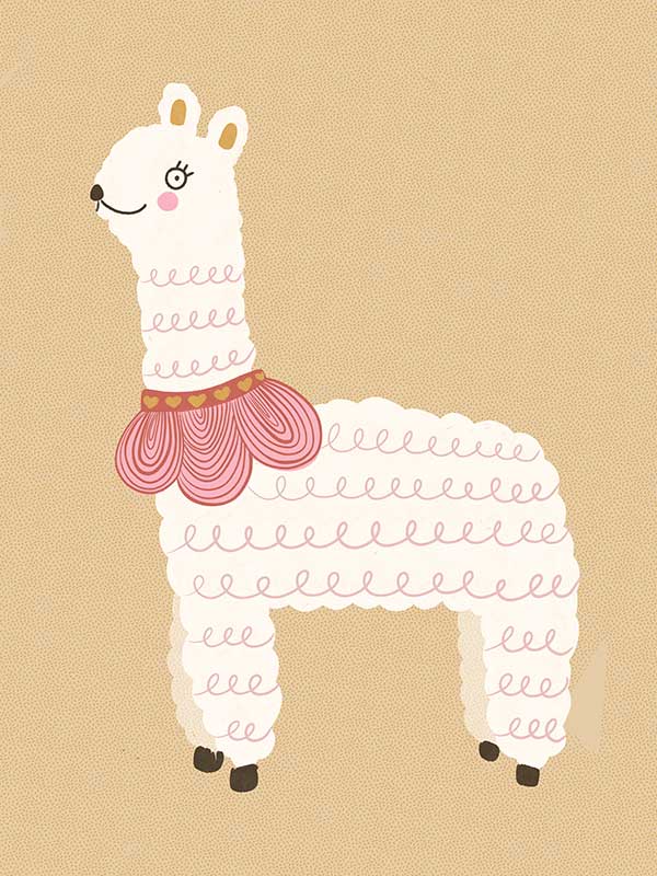 A white llama with a pom-pom scarf standing on a warm neutral backdrop, from the Little Tails collection by Urban Road.