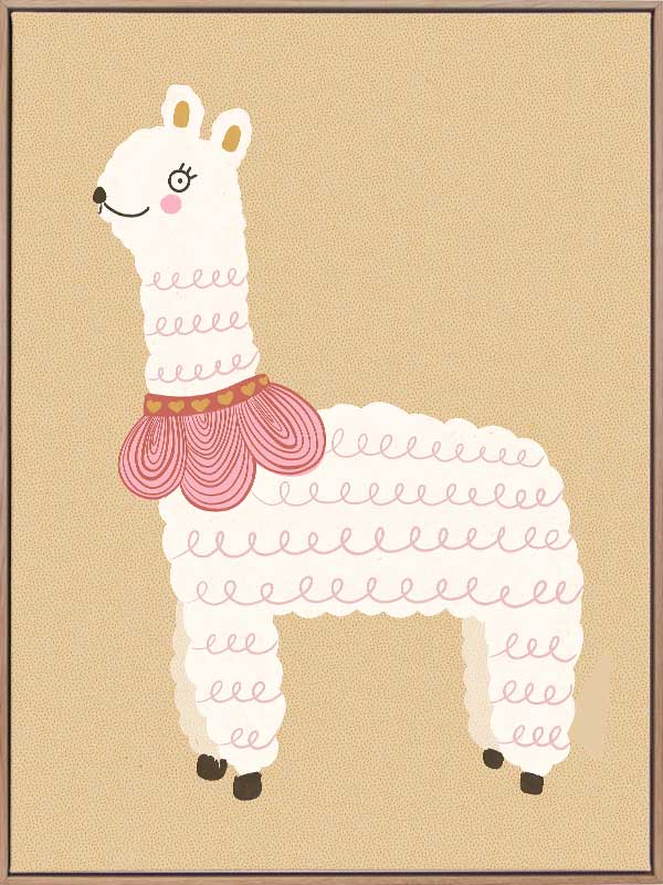 A white llama with a pom-pom scarf standing on a warm neutral backdrop, from the Little Tails collection by Urban Road.