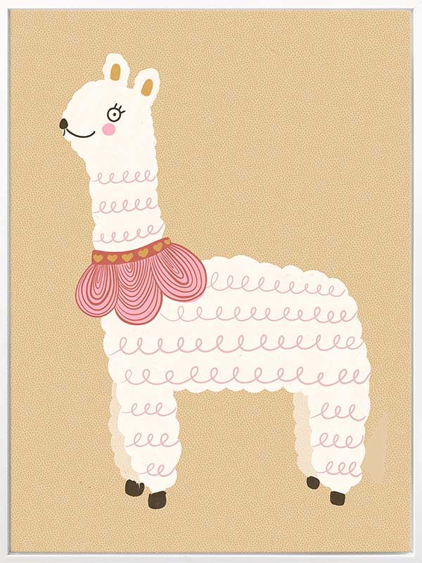 A white llama with a pom-pom scarf standing on a warm neutral backdrop, from the Little Tails collection by Urban Road.