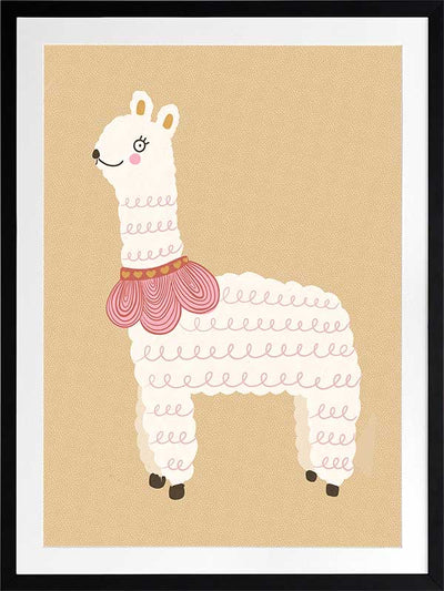 A white llama with a pom-pom scarf standing on a warm neutral backdrop, from the Little Tails collection by Urban Road.