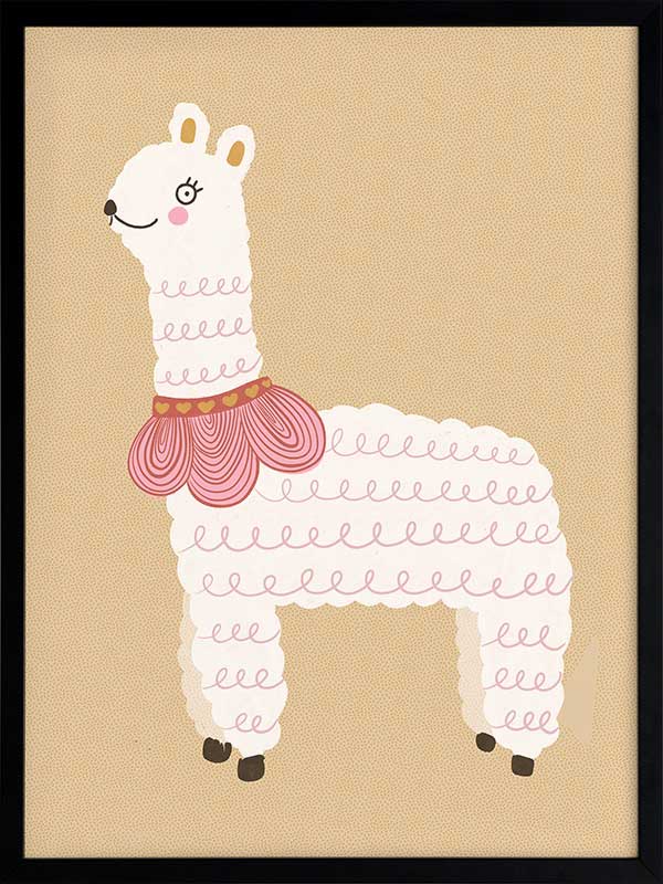 A white llama with a pom-pom scarf standing on a warm neutral backdrop, from the Little Tails collection by Urban Road.