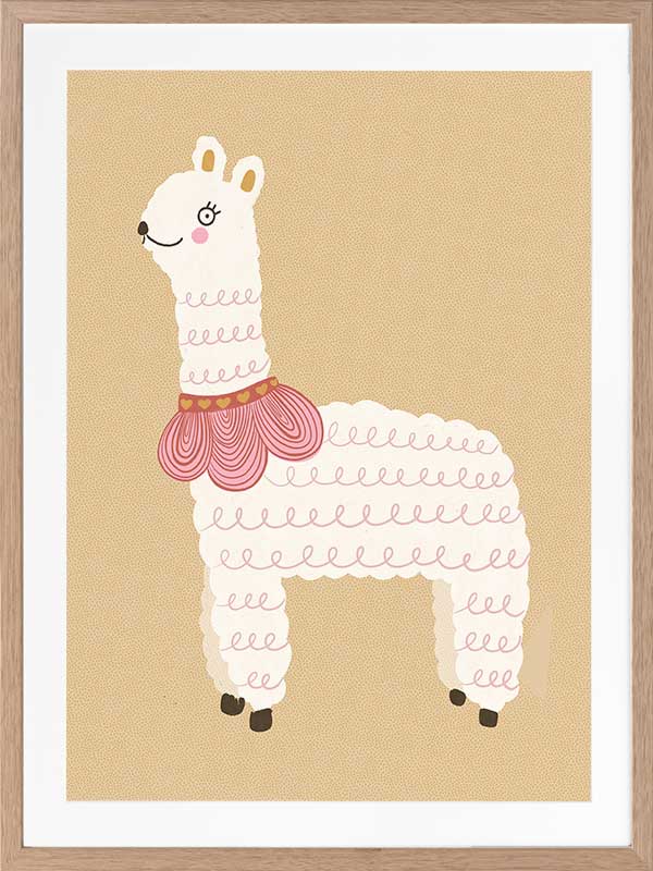 A white llama with a pom-pom scarf standing on a warm neutral backdrop, from the Little Tails collection by Urban Road.