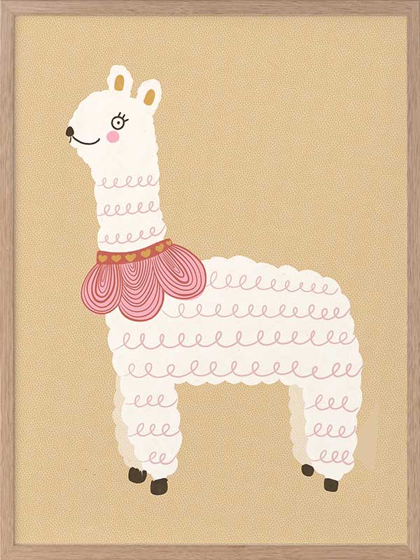 A white llama with a pom-pom scarf standing on a warm neutral backdrop, from the Little Tails collection by Urban Road.