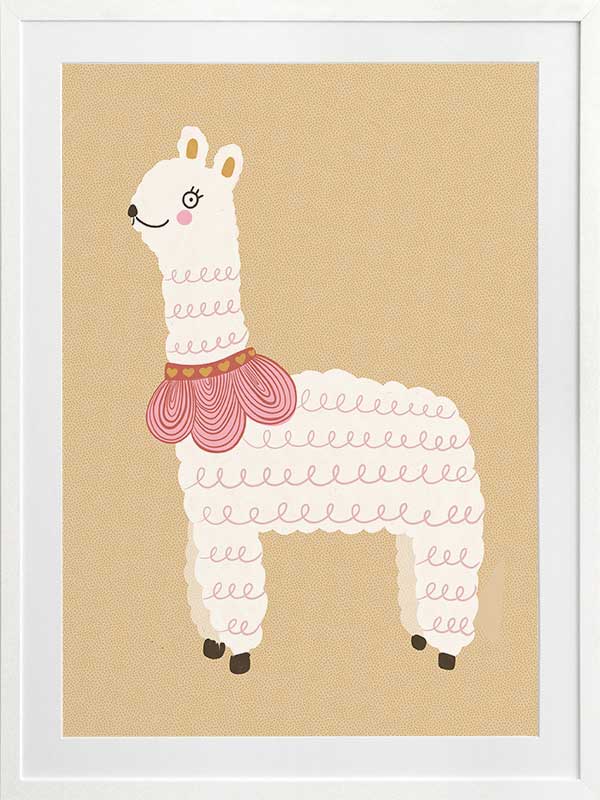 A white llama with a pom-pom scarf standing on a warm neutral backdrop, from the Little Tails collection by Urban Road.