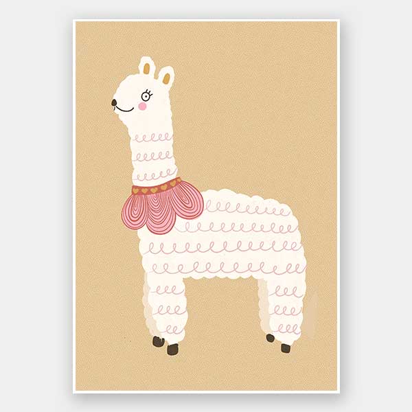A white llama with a pom-pom scarf standing on a warm neutral backdrop, from the Little Tails collection by Urban Road.