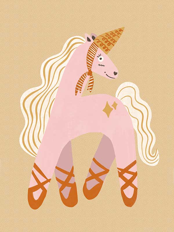 A pink unicorn ballerina with a golden horn and twinkling accents on a neutral ground, from the Little Tails collection by Urban Road.