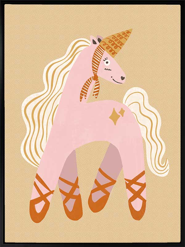 A pink unicorn ballerina with a golden horn and twinkling accents on a neutral ground, from the Little Tails collection by Urban Road.
