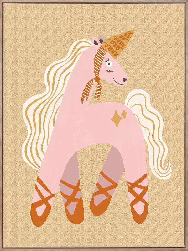 A pink unicorn ballerina with a golden horn and twinkling accents on a neutral ground, from the Little Tails collection by Urban Road.