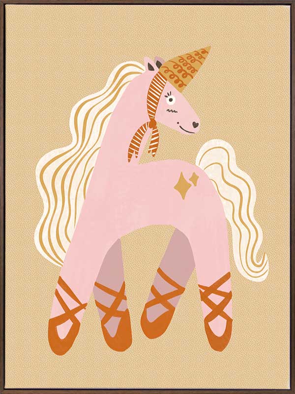 A pink unicorn ballerina with a golden horn and twinkling accents on a neutral ground, from the Little Tails collection by Urban Road.