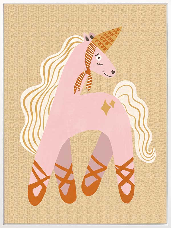 A pink unicorn ballerina with a golden horn and twinkling accents on a neutral ground, from the Little Tails collection by Urban Road.