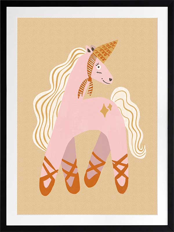 A pink unicorn ballerina with a golden horn and twinkling accents on a neutral ground, from the Little Tails collection by Urban Road.
