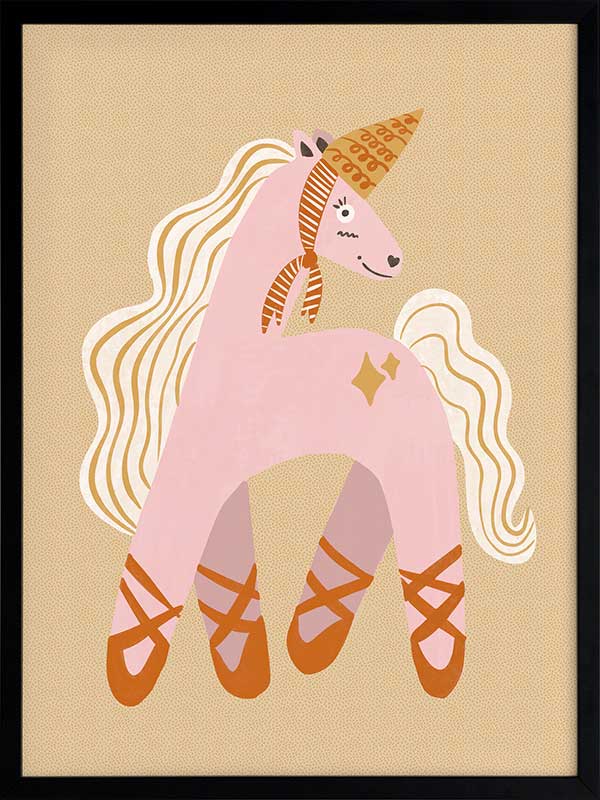 A pink unicorn ballerina with a golden horn and twinkling accents on a neutral ground, from the Little Tails collection by Urban Road.
