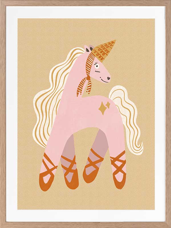 A pink unicorn ballerina with a golden horn and twinkling accents on a neutral ground, from the Little Tails collection by Urban Road.