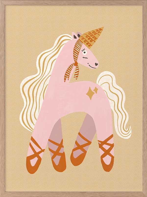 A pink unicorn ballerina with a golden horn and twinkling accents on a neutral ground, from the Little Tails collection by Urban Road.