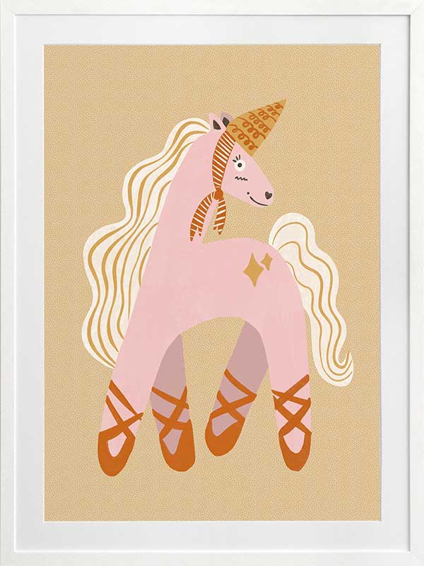 A pink unicorn ballerina with a golden horn and twinkling accents on a neutral ground, from the Little Tails collection by Urban Road.