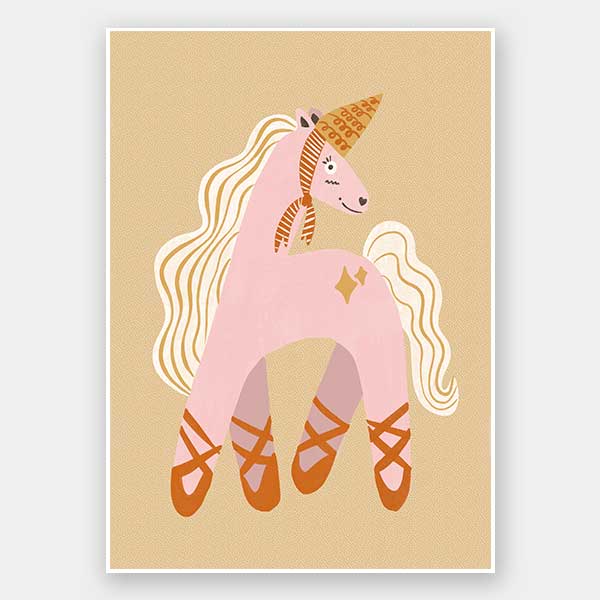 A pink unicorn ballerina with a golden horn and twinkling accents on a neutral ground, from the Little Tails collection by Urban Road.