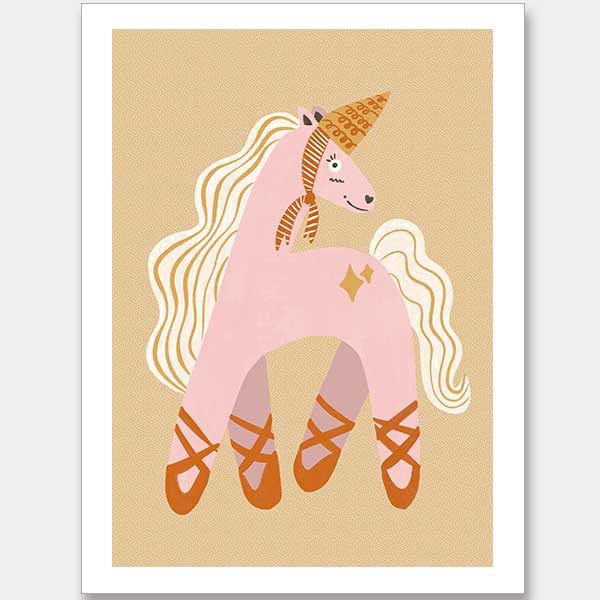A pink unicorn ballerina with a golden horn and twinkling accents on a neutral ground, from the Little Tails collection by Urban Road.