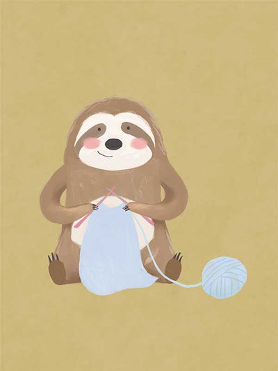 A smiling sloth knitting a blue scarf on a warm olive-gold background, from the Little Tails collection by Urban Road.