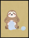 A smiling sloth knitting a blue scarf on a warm olive-gold background, from the Little Tails collection by Urban Road.