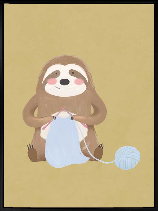 A smiling sloth knitting a blue scarf on a warm olive-gold background, from the Little Tails collection by Urban Road.