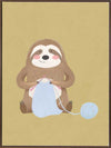 A smiling sloth knitting a blue scarf on a warm olive-gold background, from the Little Tails collection by Urban Road.