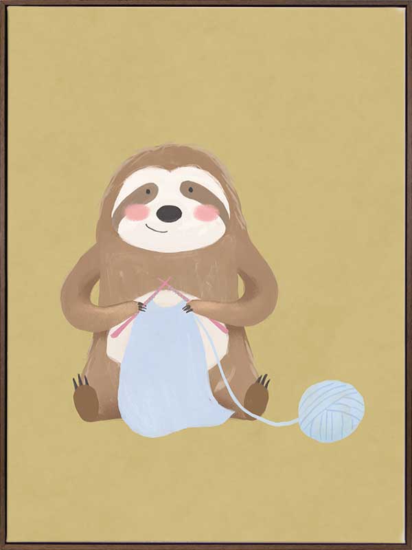 A smiling sloth knitting a blue scarf on a warm olive-gold background, from the Little Tails collection by Urban Road.