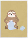 A smiling sloth knitting a blue scarf on a warm olive-gold background, from the Little Tails collection by Urban Road.