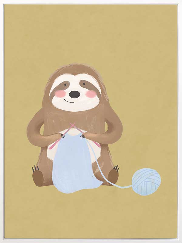 A smiling sloth knitting a blue scarf on a warm olive-gold background, from the Little Tails collection by Urban Road.