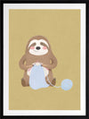 A smiling sloth knitting a blue scarf on a warm olive-gold background, from the Little Tails collection by Urban Road.