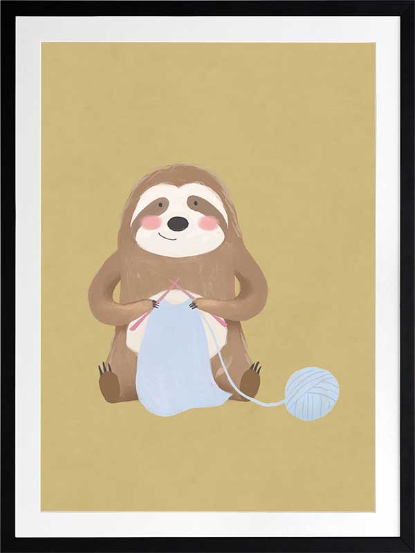 A smiling sloth knitting a blue scarf on a warm olive-gold background, from the Little Tails collection by Urban Road.