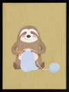 A smiling sloth knitting a blue scarf on a warm olive-gold background, from the Little Tails collection by Urban Road.