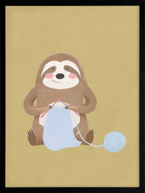 A smiling sloth knitting a blue scarf on a warm olive-gold background, from the Little Tails collection by Urban Road.