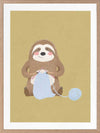 A smiling sloth knitting a blue scarf on a warm olive-gold background, from the Little Tails collection by Urban Road.
