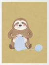 A smiling sloth knitting a blue scarf on a warm olive-gold background, from the Little Tails collection by Urban Road.