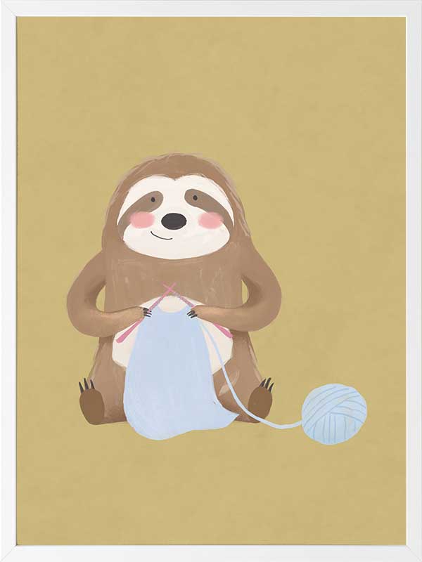 A smiling sloth knitting a blue scarf on a warm olive-gold background, from the Little Tails collection by Urban Road.