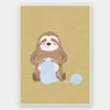 A smiling sloth knitting a blue scarf on a warm olive-gold background, from the Little Tails collection by Urban Road.