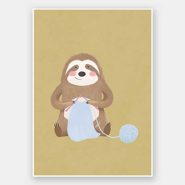 A smiling sloth knitting a blue scarf on a warm olive-gold background, from the Little Tails collection by Urban Road.
