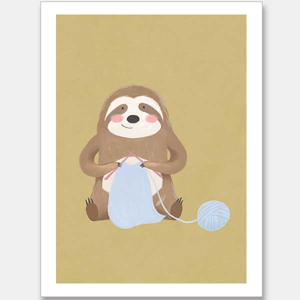A smiling sloth knitting a blue scarf on a warm olive-gold background, from the Little Tails collection by Urban Road.