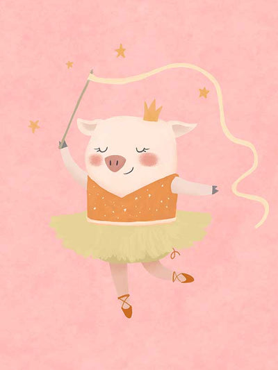 A dancing piglet twirling a ribbon in a tutu on a blush pink backdrop, from the Little Tails collection by Urban Road.