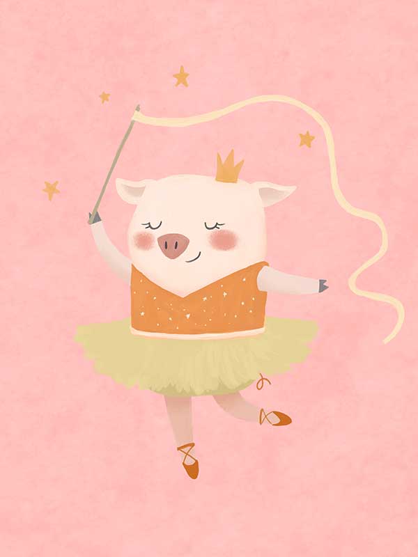 A dancing piglet twirling a ribbon in a tutu on a blush pink backdrop, from the Little Tails collection by Urban Road.