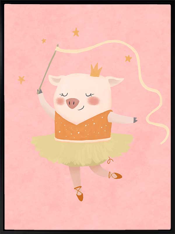 A dancing piglet twirling a ribbon in a tutu on a blush pink backdrop, from the Little Tails collection by Urban Road.