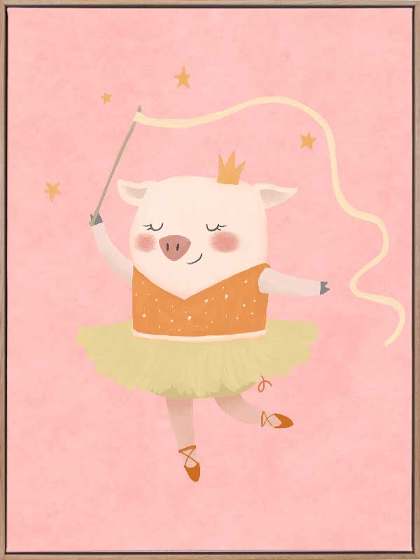 A dancing piglet twirling a ribbon in a tutu on a blush pink backdrop, from the Little Tails collection by Urban Road.